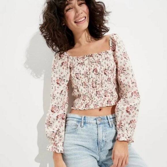 American Eagle White & Pink Floral Smocked Crop Bodice Blouse Top Womens Size XL - Picture 1 of 9